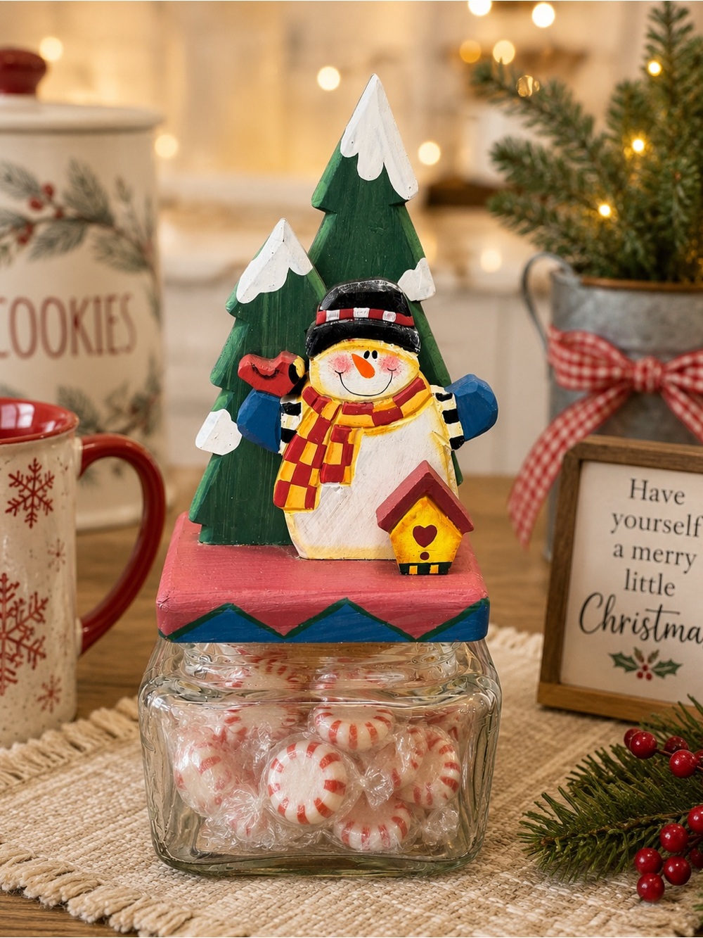 Vintage Snowman Glass Candy Jar Hand Painted Christmas Cookie Canister Holiday